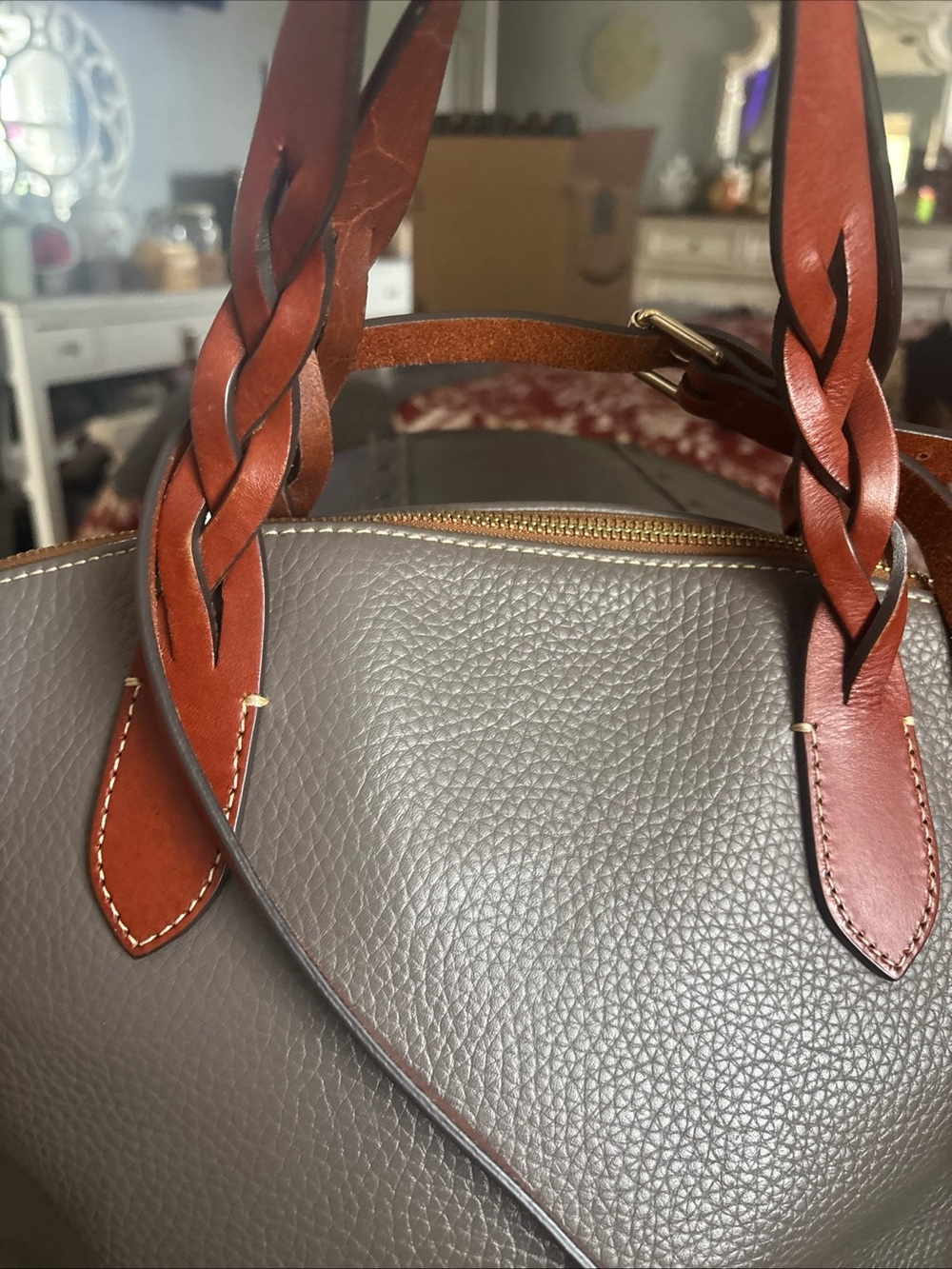 Dooney & Bourke Gray Pebble Leather Satchel with Brown Trim - Picture 3 of 12